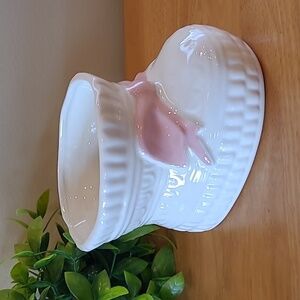 VINTAGE Painted Ceramic Baby Boot Planter with Painted Pink Bow, Made in Canada
